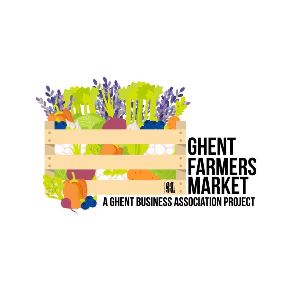 Ghent Farmers Market logo- wooden crate of fruits and vegetables